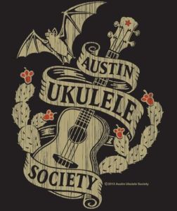 Two-color distressed Austin Ukulele Society logo shirt